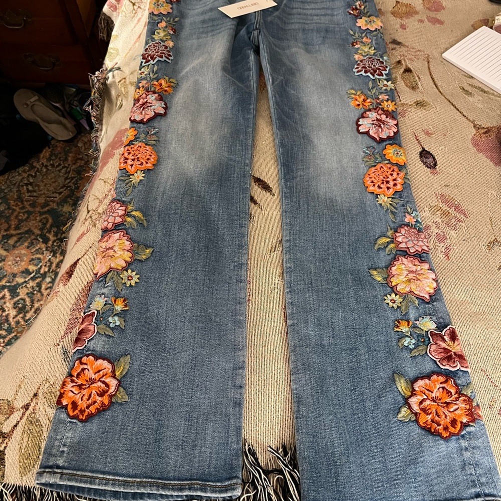DRIFTWOOD Blue Jeans with Colorful Floral Embroidery